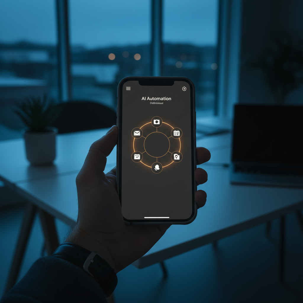 Close-up shot of a smartphone screen showing a clean, intuitive AI automation dashboard with conn... - AI Precision Marketing