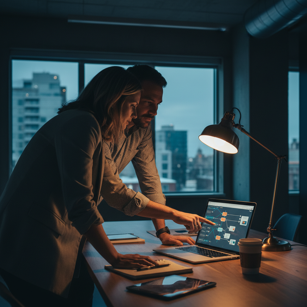 An AI consultant and a small business owner collaborating over a laptop in a modern Edmonton offi... - AI Precision Marketing