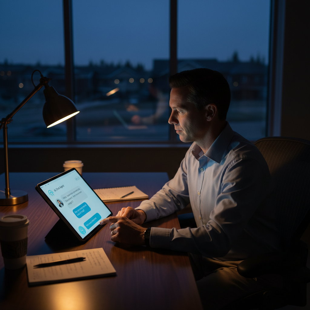 A professional working late in a modern office in Spruce Grove, their tablet displaying a real-ti... - AI Precision Marketing