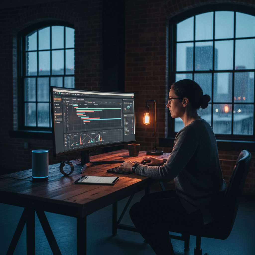 A small business owner at their desk in an industrial-chic office space in Edmonton, looking inte... - AI Precision Marketing
