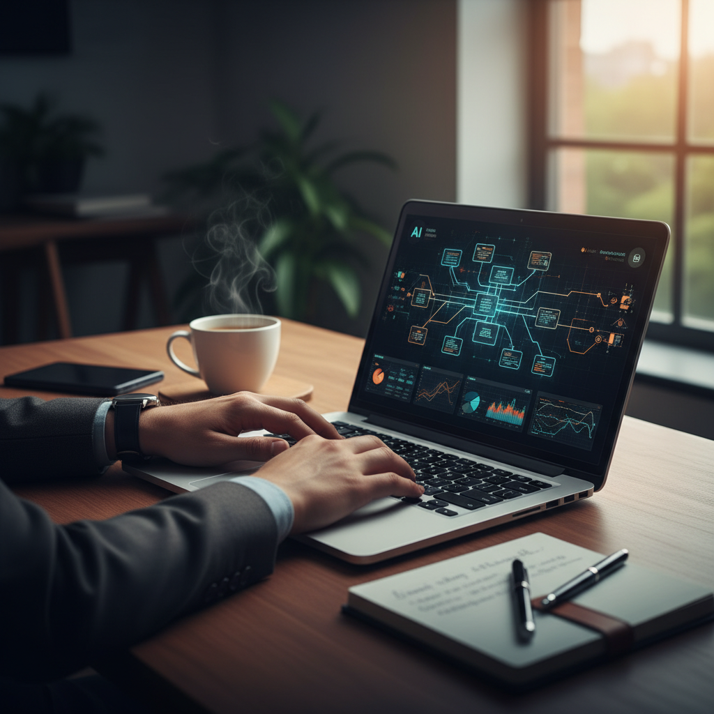 Close-up of hands typing on laptop with AI dashboard visible on screen showing automated workflow... - AI Precision Marketing