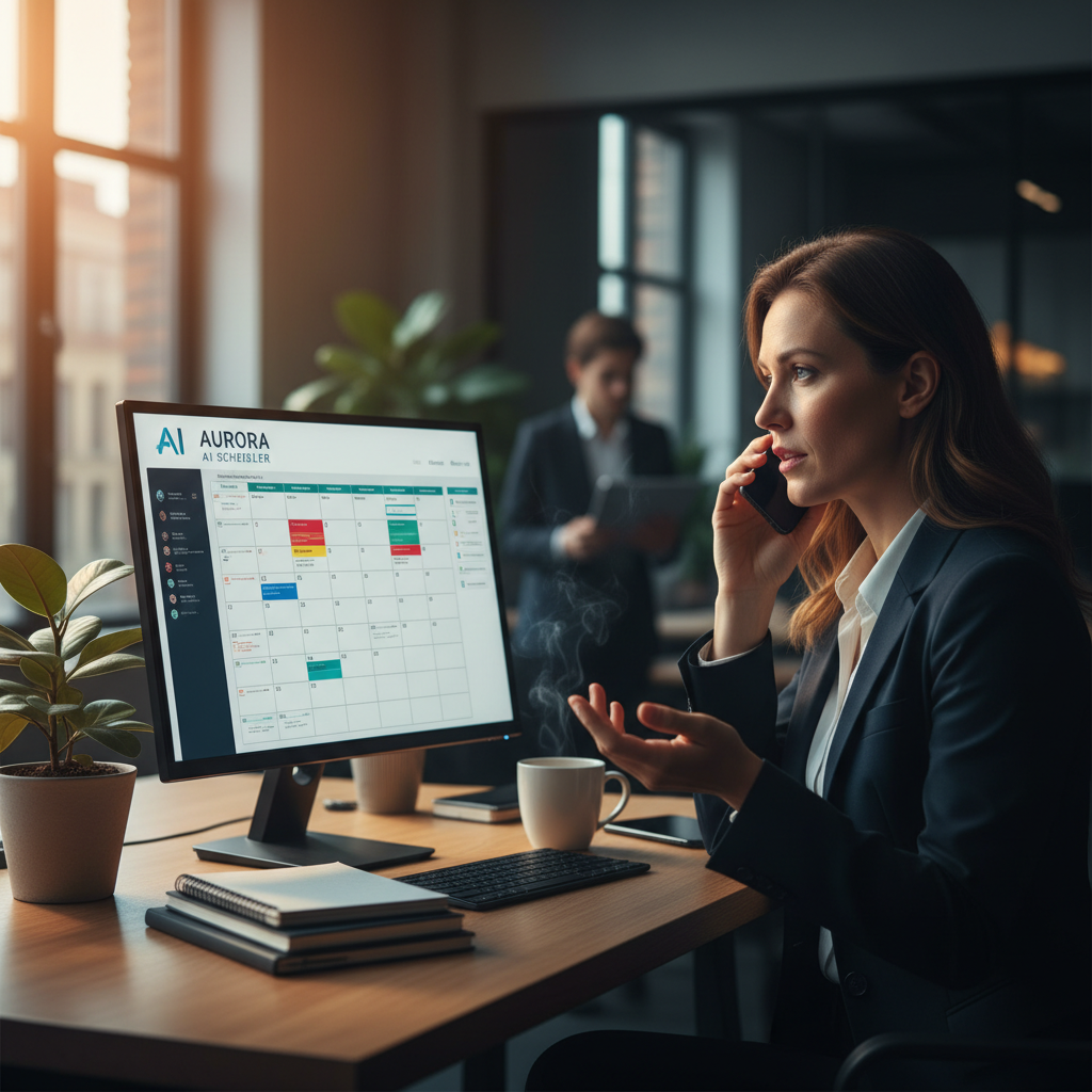 Professional woman on phone in modern office with computer screen showing AI scheduling interface... - AI Precision Marketing