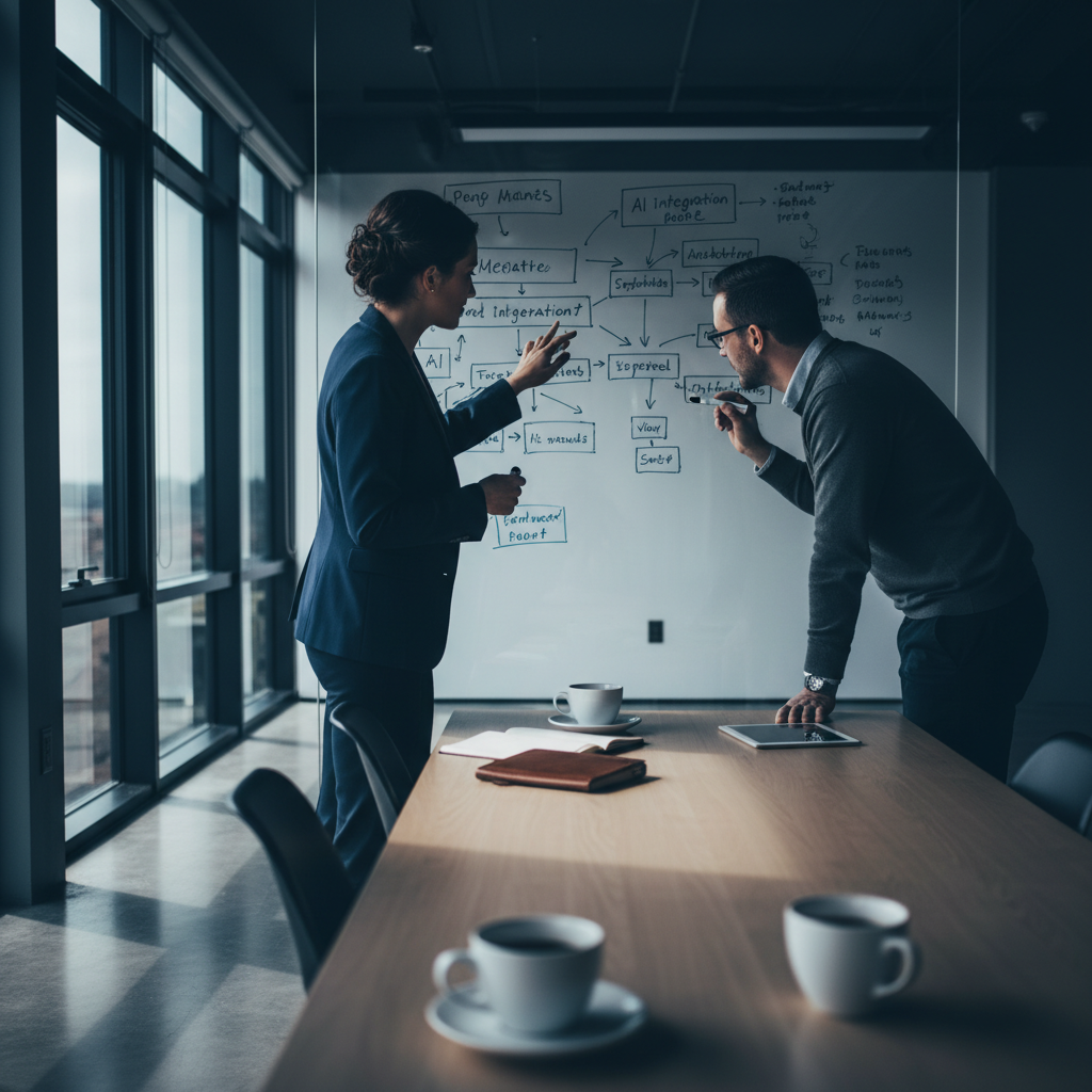 Business owner and AI consultant reviewing workflow diagrams on whiteboard in modern conference r... - AI Precision Marketing