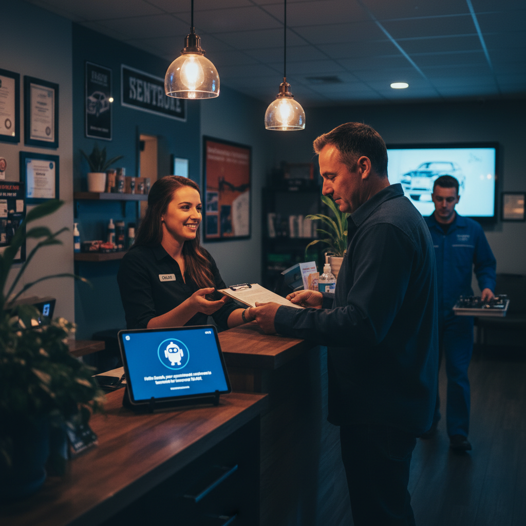 A busy local service counter in Spruce Grove, perhaps a car repair shop or a dental clinic. A fri... - AI Precision Marketing