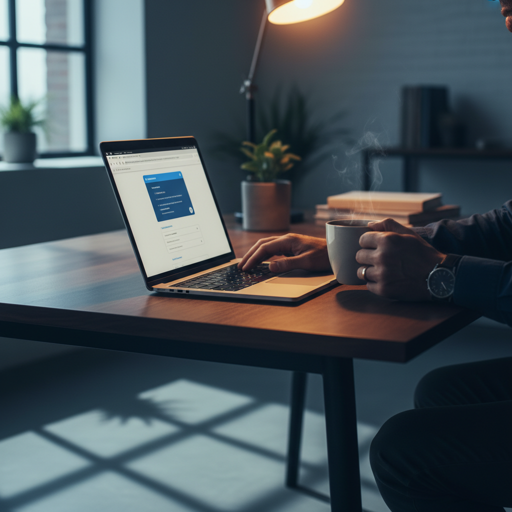 A sleek, modern office desk with a laptop open to a website showing an AI chatbot pop-up on the s... - AI Precision Marketing