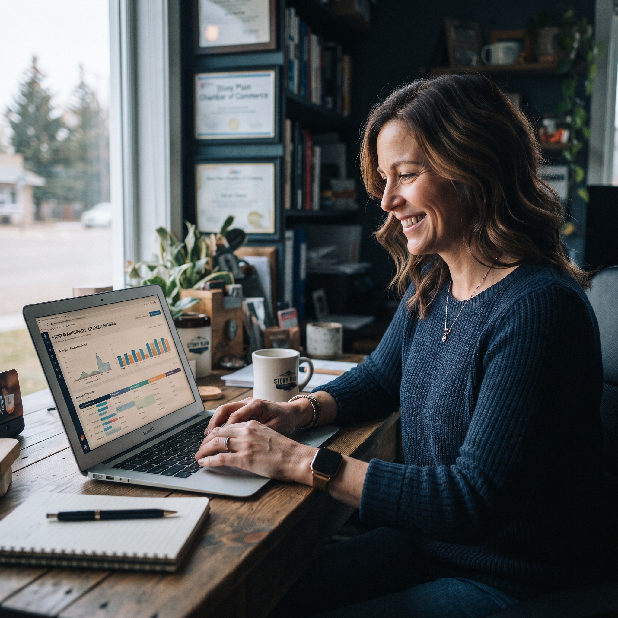 A service business owner in Stony Plain, Alberta, smiling while working on a laptop with an AI-po... - AI Precision Marketing