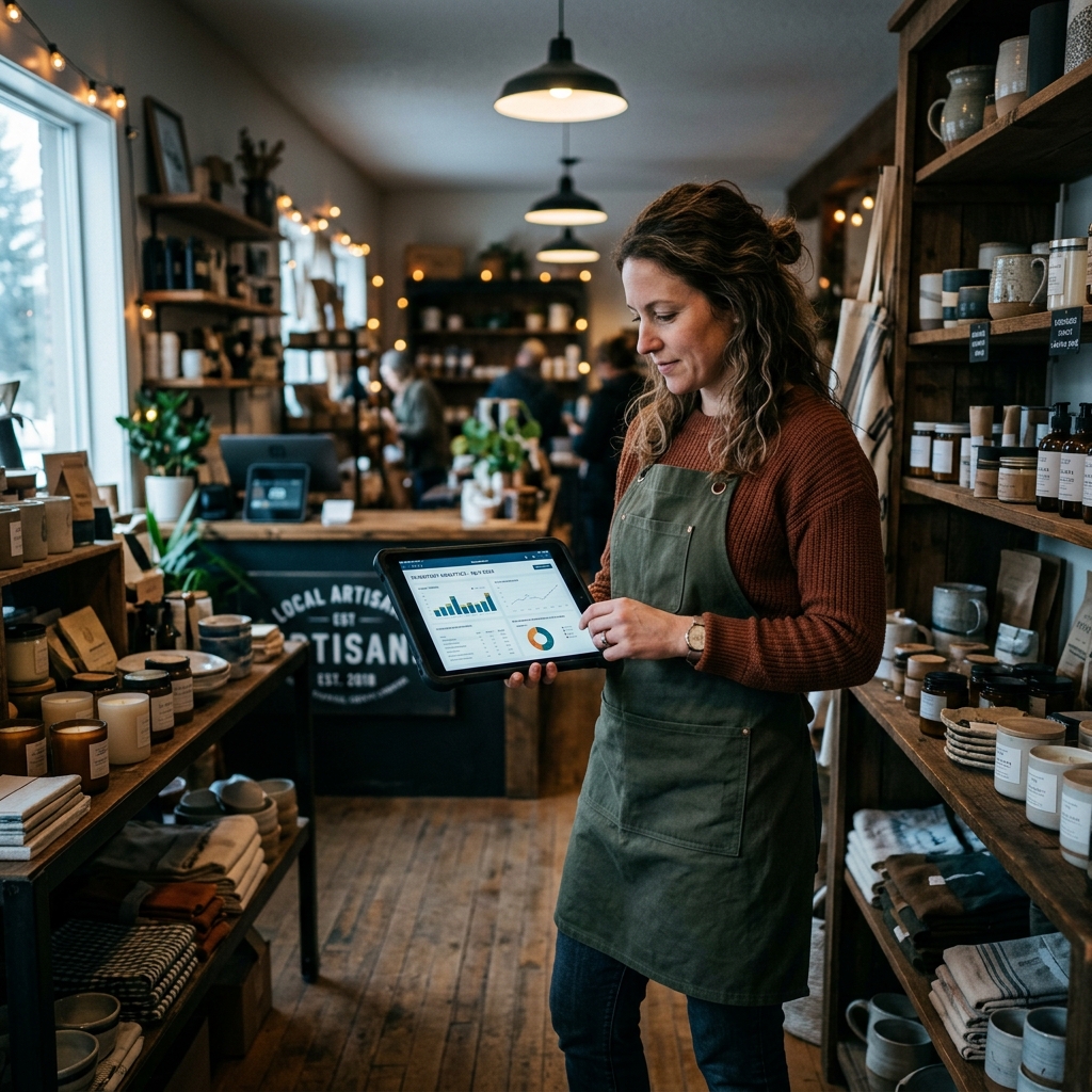 A local shop owner in Spruce Grove using a tablet to check inventory analytics, standing in their... - AI Precision Marketing