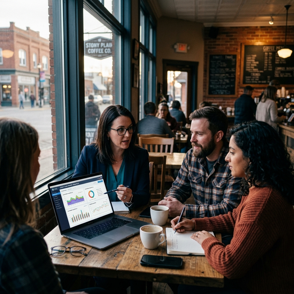 A business consultant meeting with local entrepreneurs at a coffee shop in Stony Plain, reviewing... - AI Precision Marketing