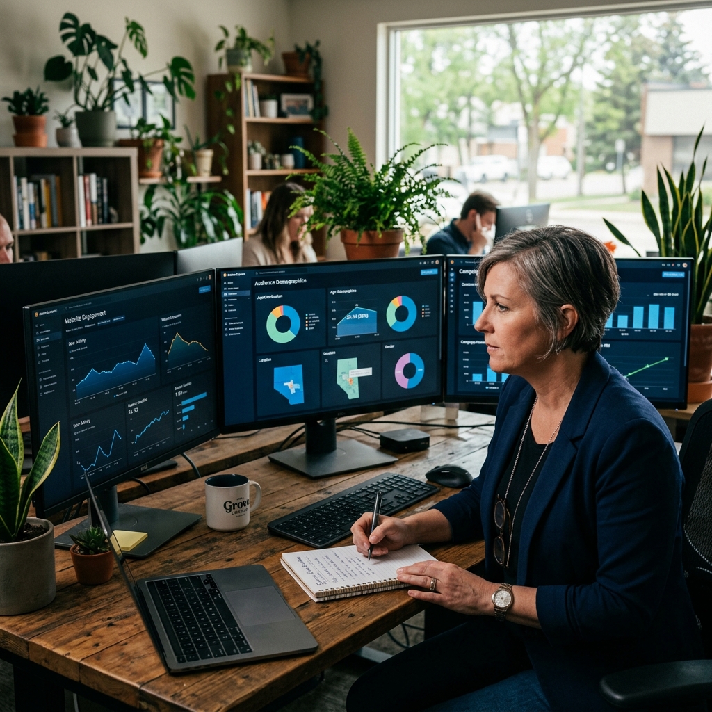 Business owner in Spruce Grove analyzing customer data visualization on multiple monitors, with g... - AI Precision Marketing