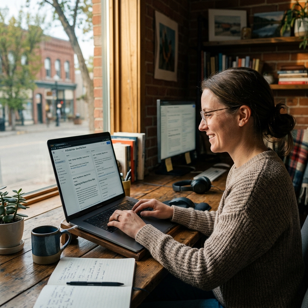 Creative professional in Stony Plain office collaborating with AI content generation interface, w... - AI Precision Marketing