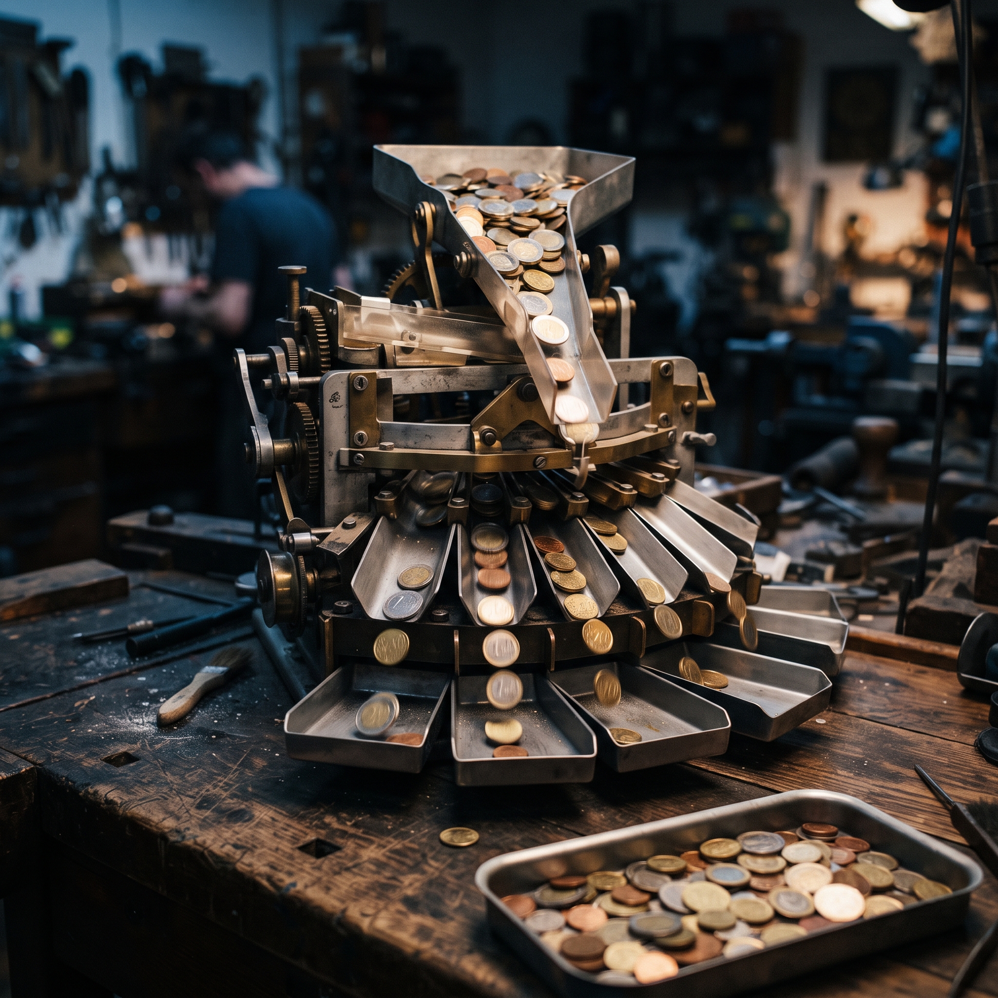 A mechanical coin sorting machine made of polished aluminum and brass, coins of different sizes c... - AI Precision Marketing