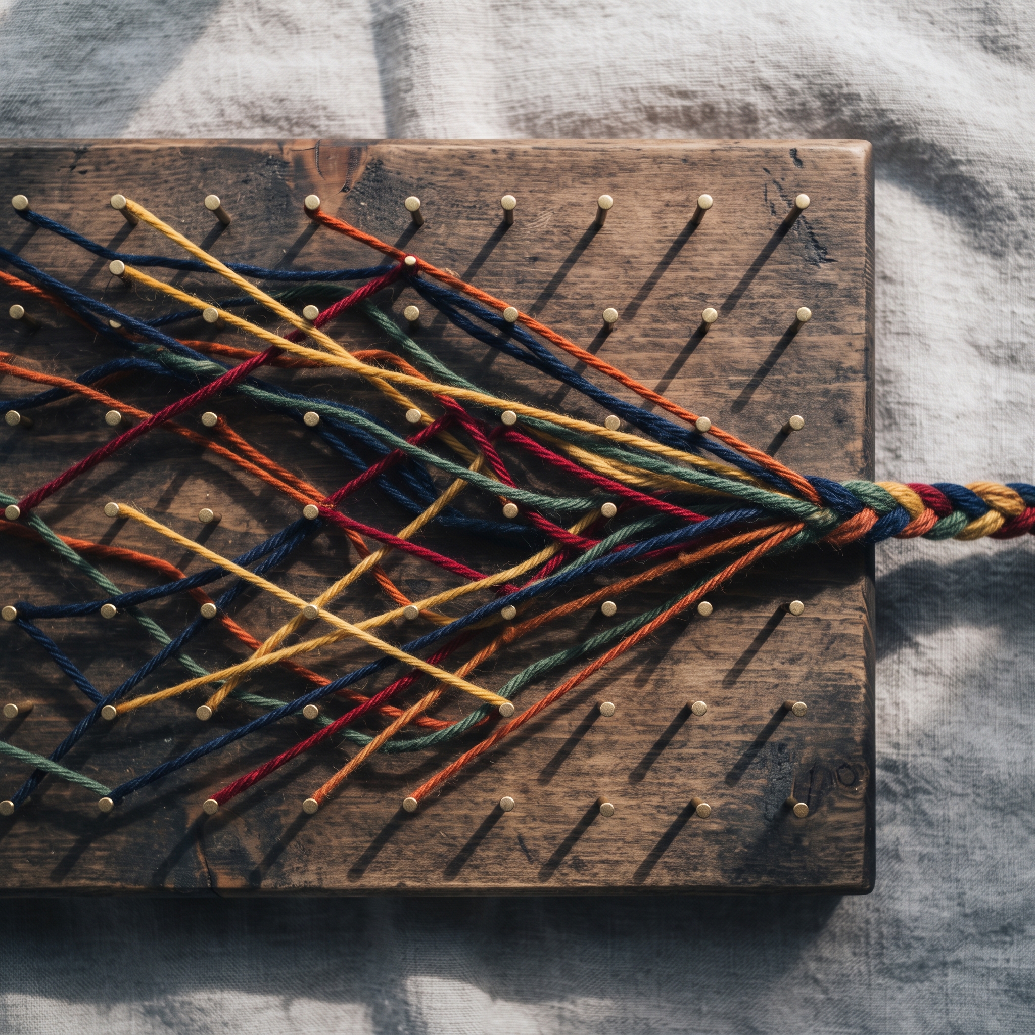 A wooden peg board with different colors of yarn strung between brass pins in a clear left-to-rig... - AI Precision Marketing