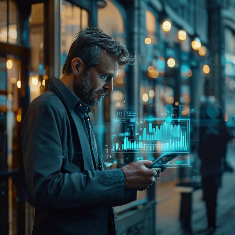 A close-up shot of a business owner in Stony Plain looking at analytics on a tablet while standin... - AI Precision Marketing
