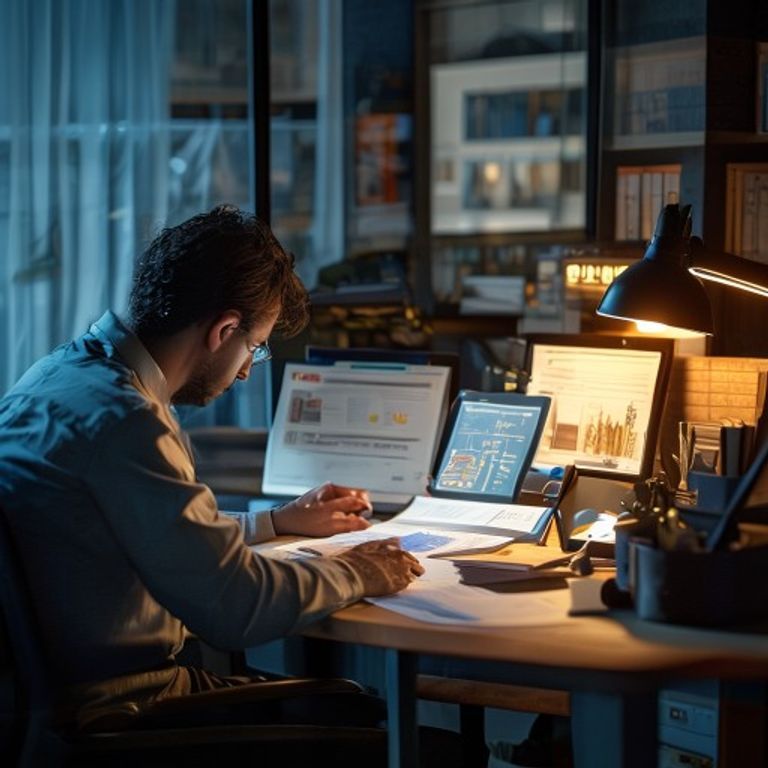 A business owner in Edmonton working at a desk with both traditional CRM documents and AI tools v... - AI Precision Marketing