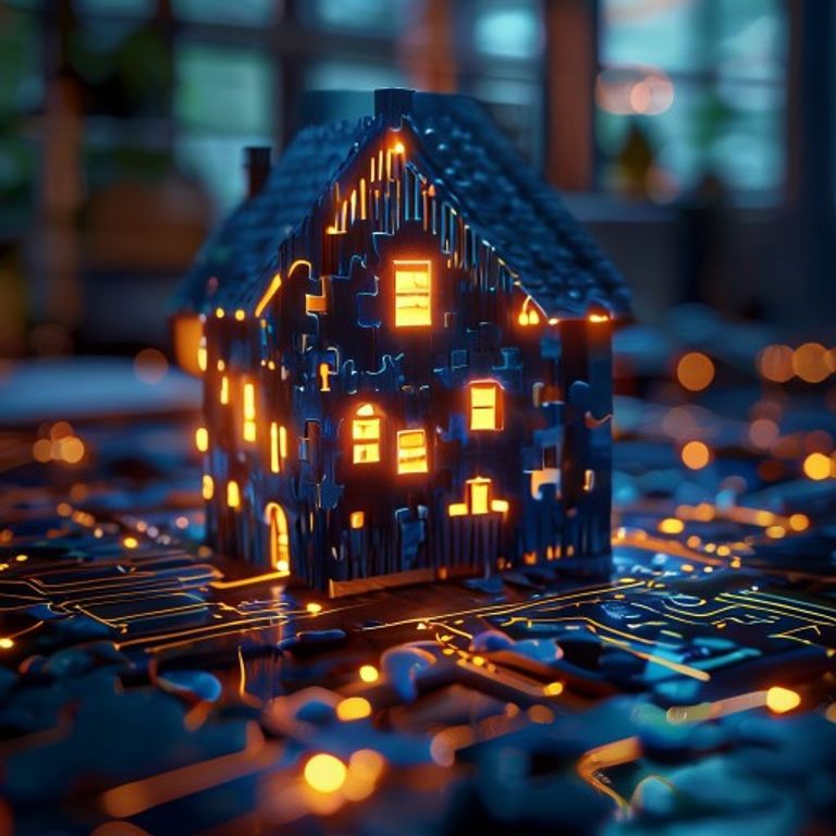 A network of interconnected puzzle pieces forming a house, with one piece glowing with AI circuit... - AI Precision Marketing