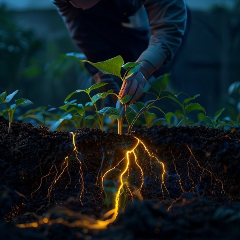 A gardener tending to a plant with digital roots that extend into the soil, symbolizing how AI nu... - AI Precision Marketing