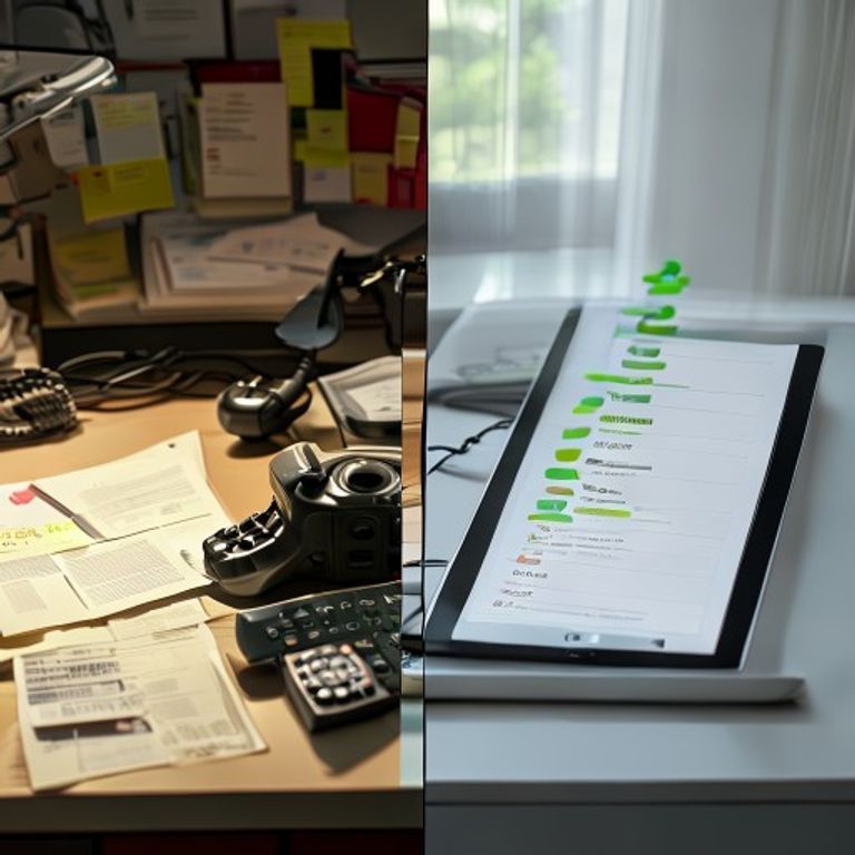 A split-frame photograph: left side shows a cluttered desk with sticky notes, printed lead lists,... - AI Precision Marketing