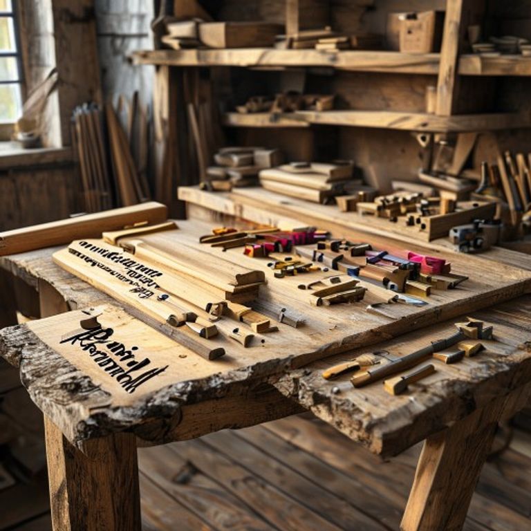 A carpenter's workbench with three distinct zones: left zone has rough lumber labeled 'Raw Proces... - AI Precision Marketing