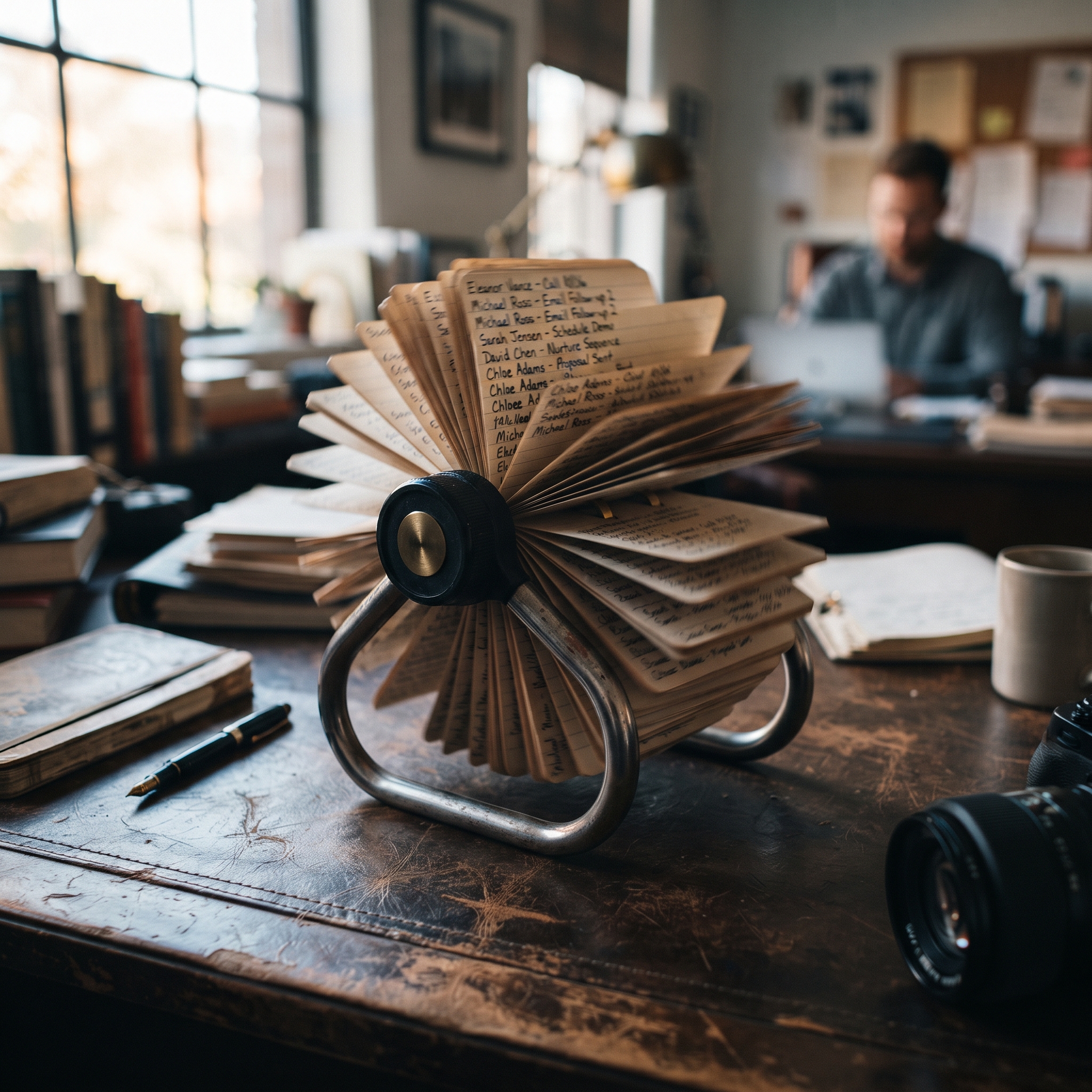 A Rolodex spinning open mid-rotation on a worn leather desk surface, individual cards fanned out... - AI Precision Marketing
