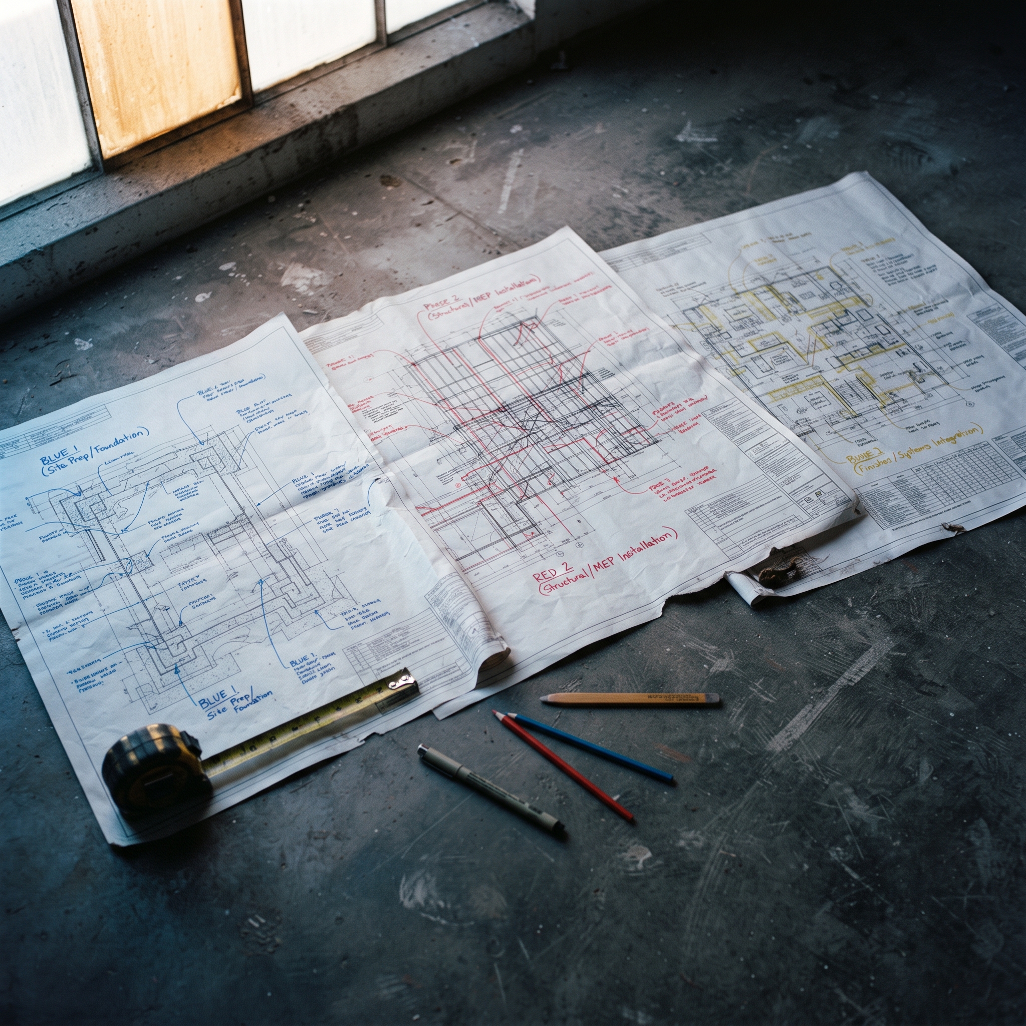 Three construction blueprints unrolled on a concrete workshop floor, each marked with different c... - AI Precision Marketing