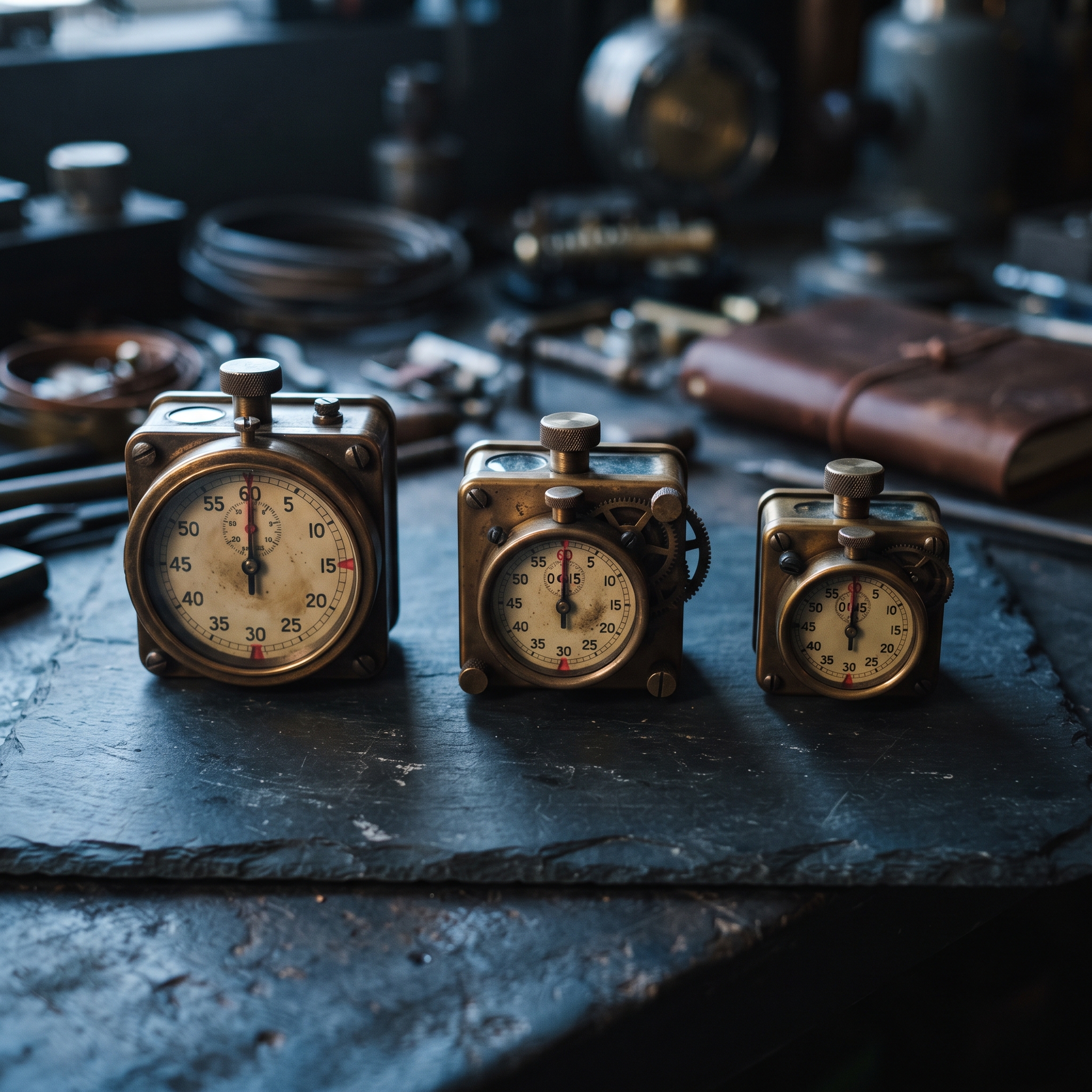 Three vintage brass mechanical countdown timers of different sizes arranged in a row on a slate s... - AI Precision Marketing