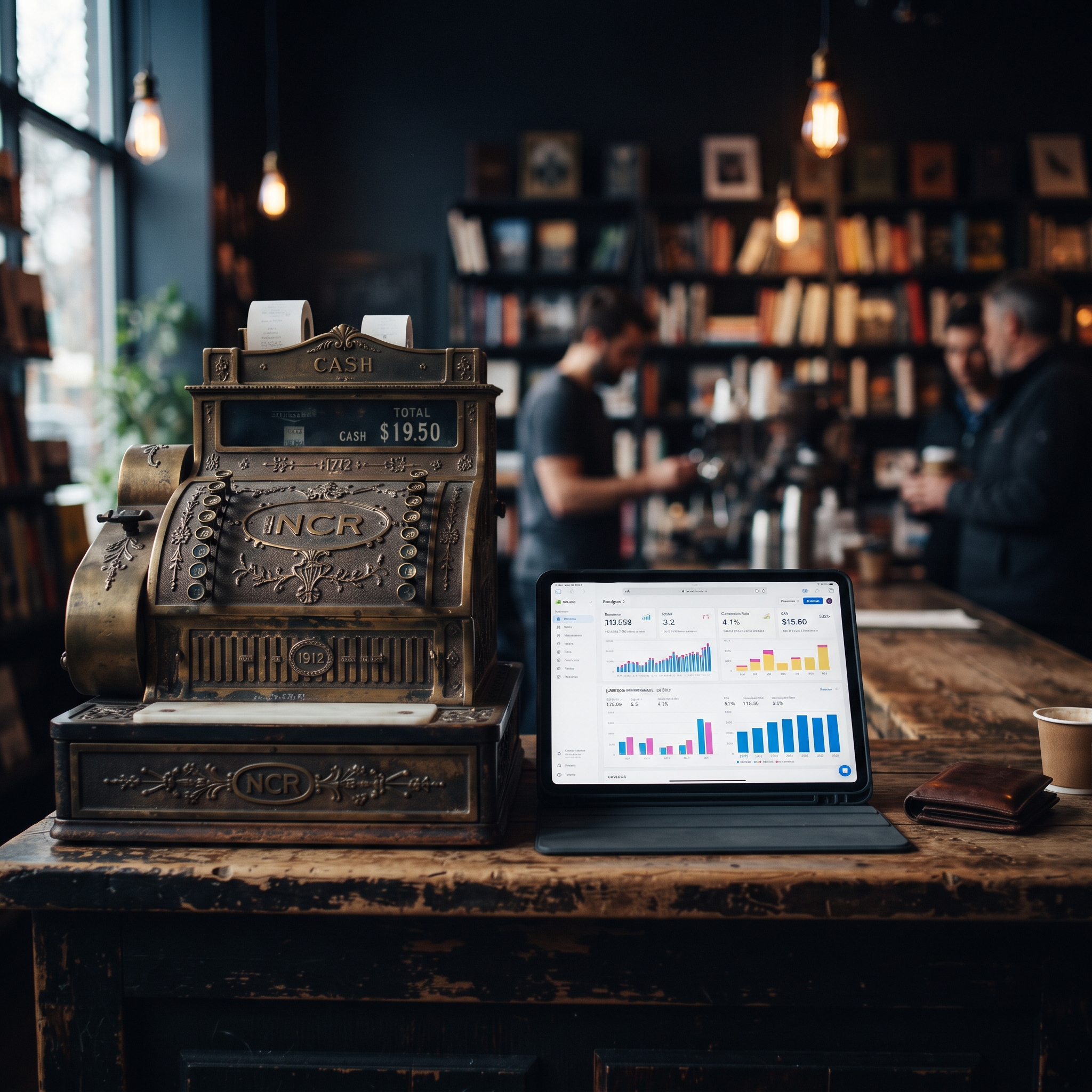 A vintage cash register beside a modern tablet displaying campaign metrics representing old versu... - AI Precision Marketing