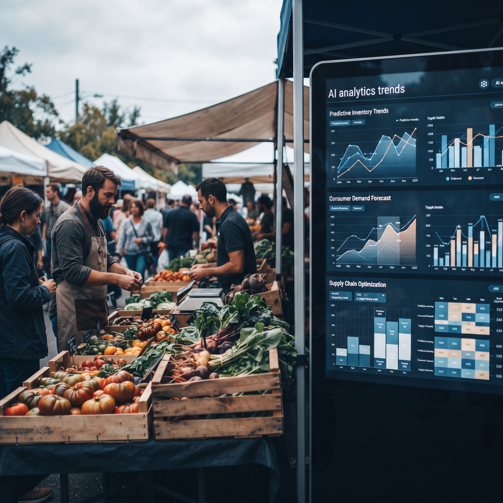 A split scene of a bustling farmer's market stall with a digital billboard overlay showing AI ana... - AI Precision Marketing