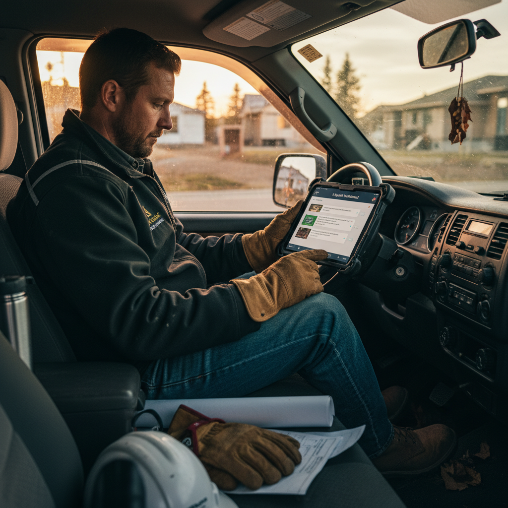 A landscape contractor in Edmonton reviewing customer messages on tablet while sitting in truck,... - AI Precision Marketing