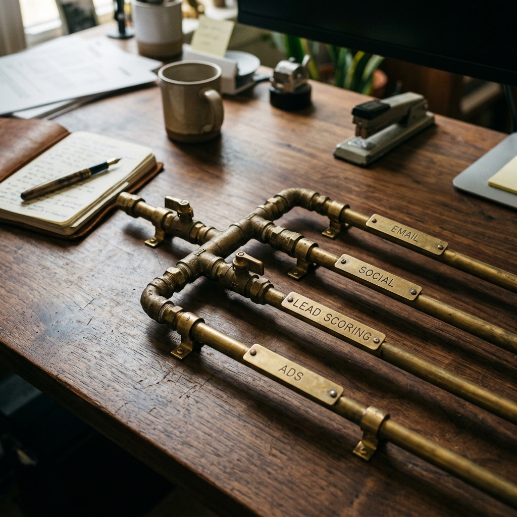 A workflow diagram rendered as physical brass pipe fittings and tubing on a dark walnut desk. Fou... - AI Precision Marketing