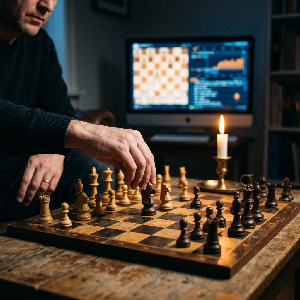 A chess board mid-game with a human hand hovering over a piece in mid-move, frozen in decision. T... - AI Precision Marketing