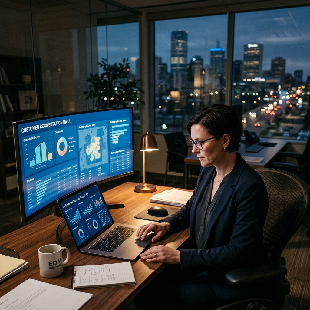 Business owner in modern Edmonton office analyzing AI-generated reports on laptop, large monitor... - AI Precision Marketing