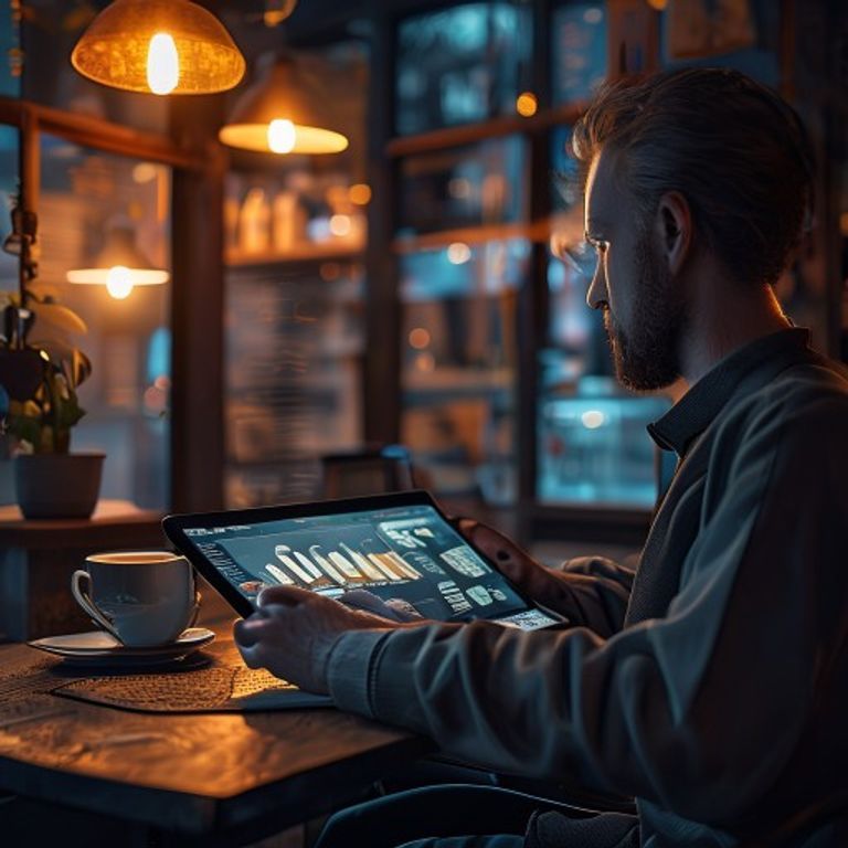 Small business owner in Stony Plain cafe reviewing AI-powered marketing analytics on tablet, warm... - AI Precision Marketing