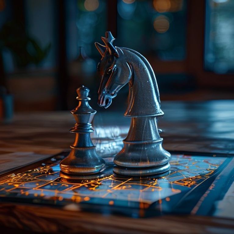 A polished wooden chessboard with a single silver knight piece poised over a glowing digital map... - AI Precision Marketing