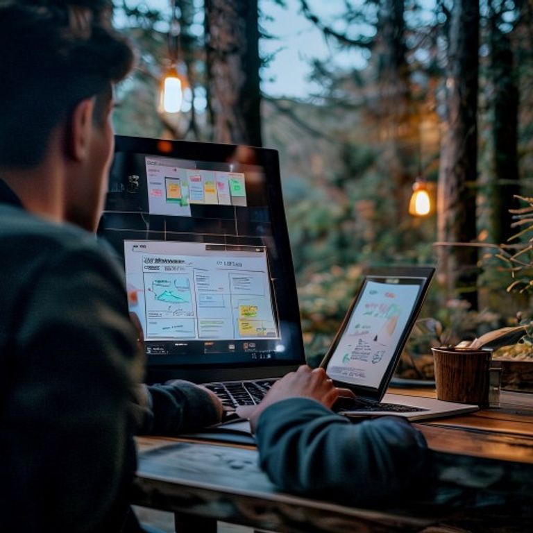A service business owner in a Spruce Grove coffee shop with a laptop open, displaying a client jo... - AI Precision Marketing