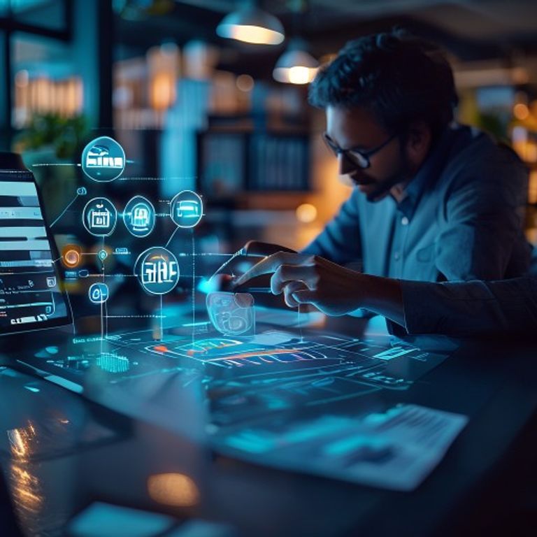 A business strategist in a modern Edmonton workspace pointing at a digital workflow diagram showi... - AI Precision Marketing