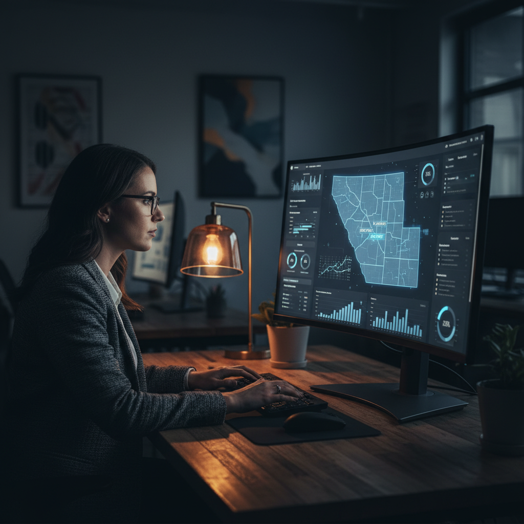 A focused marketing professional in a modern office analyzing an AI-powered ad campaign dashboard... - AI Precision Marketing