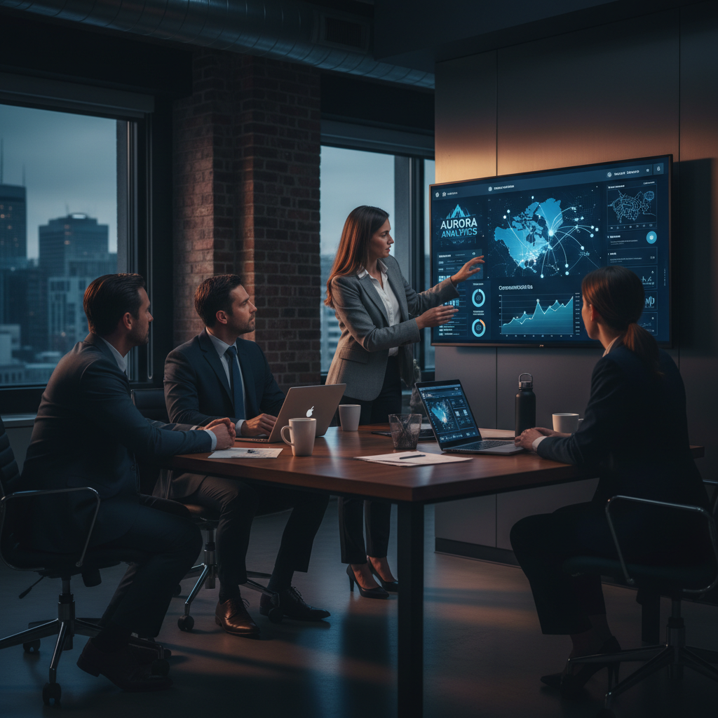 A small team of business professionals in a modern, collaborative office space in Edmonton, Alber... - AI Precision Marketing