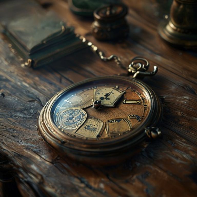 An antique brass pocket watch opened to reveal a tiny Rolodex inside, resting on a maple table, r... - AI Precision Marketing