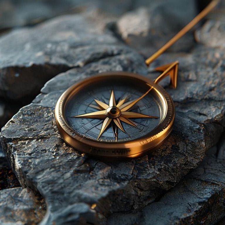 A polished copper compass laid on a grey stone slab, its needle pointing toward a bright golden a... - AI Precision Marketing