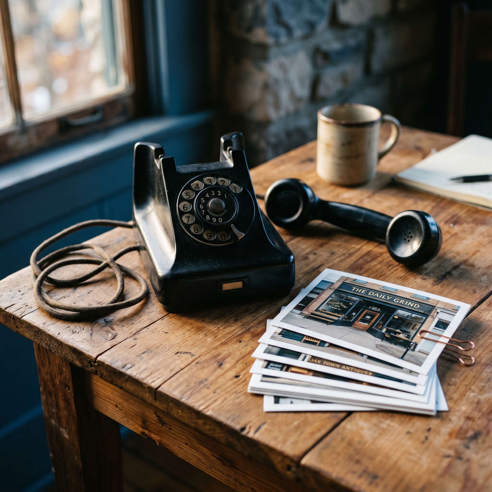 An open vintage rotary phone sitting on a cedar table beside a stack of freshly printed photos of... - AI Precision Marketing