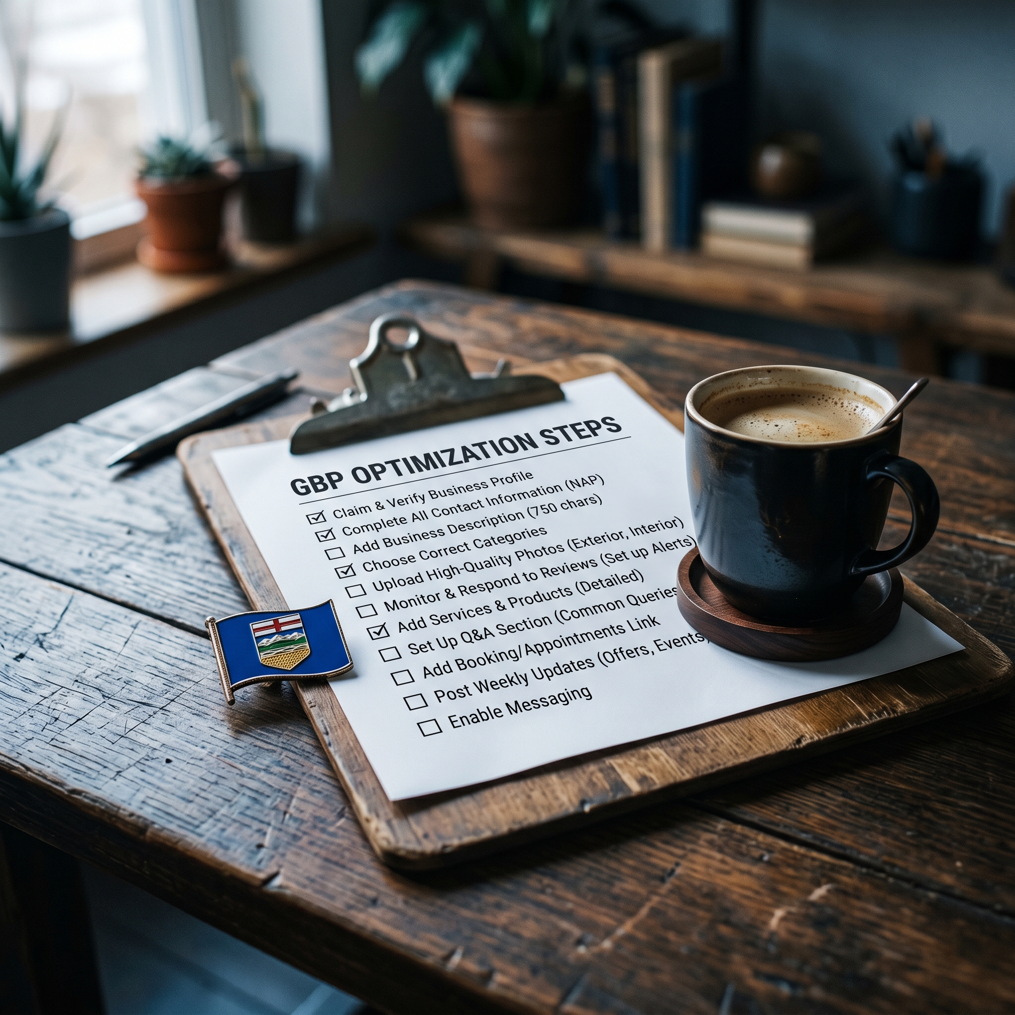 A wooden clipboard with a printed checklist titled “GBP Optimization Steps”, a coffee mug, and a... - AI Precision Marketing