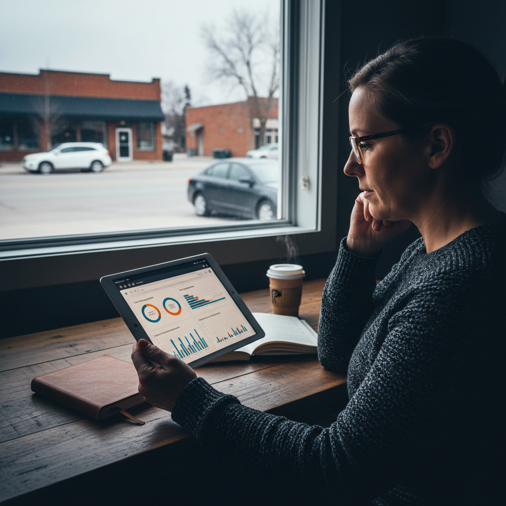 A small business owner in Stony Plain reviewing AI analytics on a tablet, showing user engagement... - AI Precision Marketing