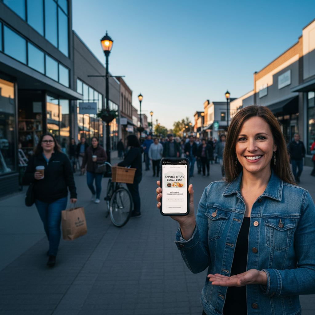 A vibrant community street scene in Spruce Grove, Alberta, with modern storefronts reflecting a c... - AI Precision Marketing