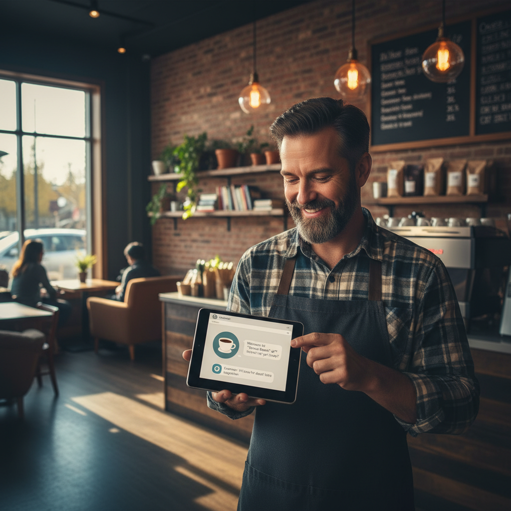 A local coffee shop owner in Spruce Grove is reviewing their website on a tablet. The screen disp... - AI Precision Marketing
