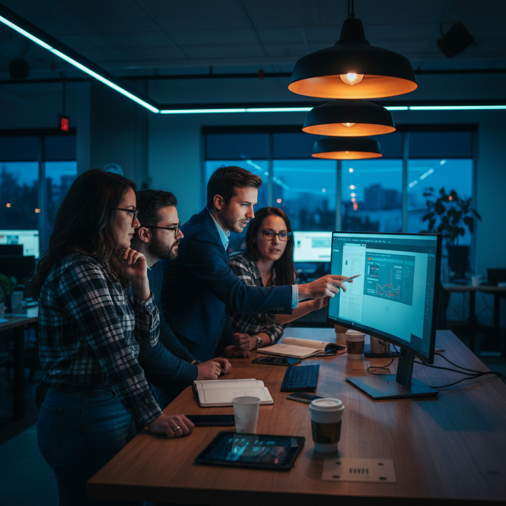 A small team of web designers and AI consultants collaborating around a large monitor in a modern... - AI Precision Marketing