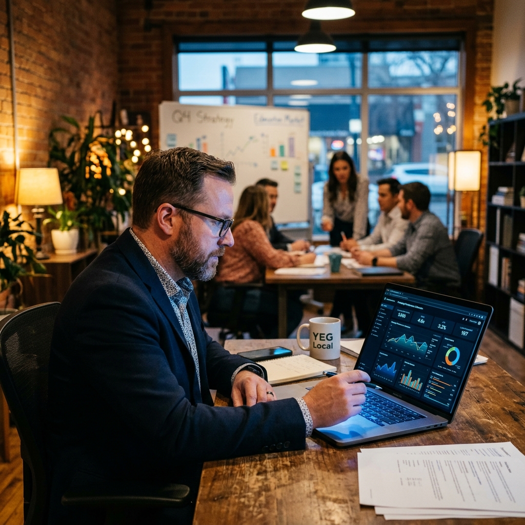 A local Edmonton business owner reviewing AI marketing analytics on laptop with team meeting in b... - AI Precision Marketing
