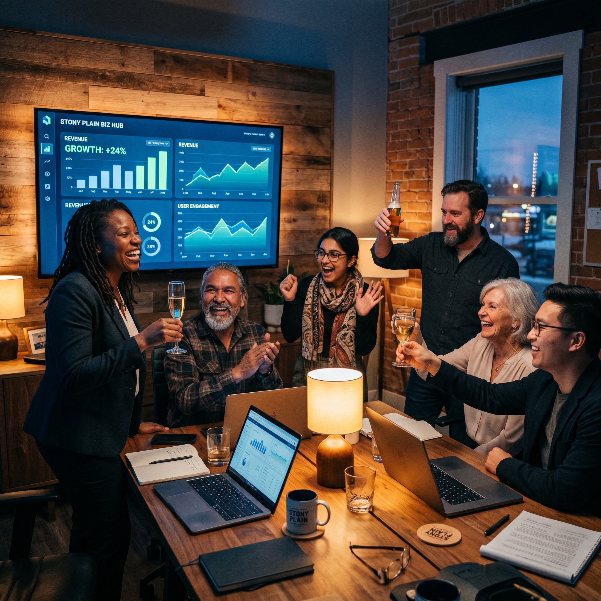 A diverse group of business owners in Stony Plain celebrating around a conference table with AI a... - AI Precision Marketing