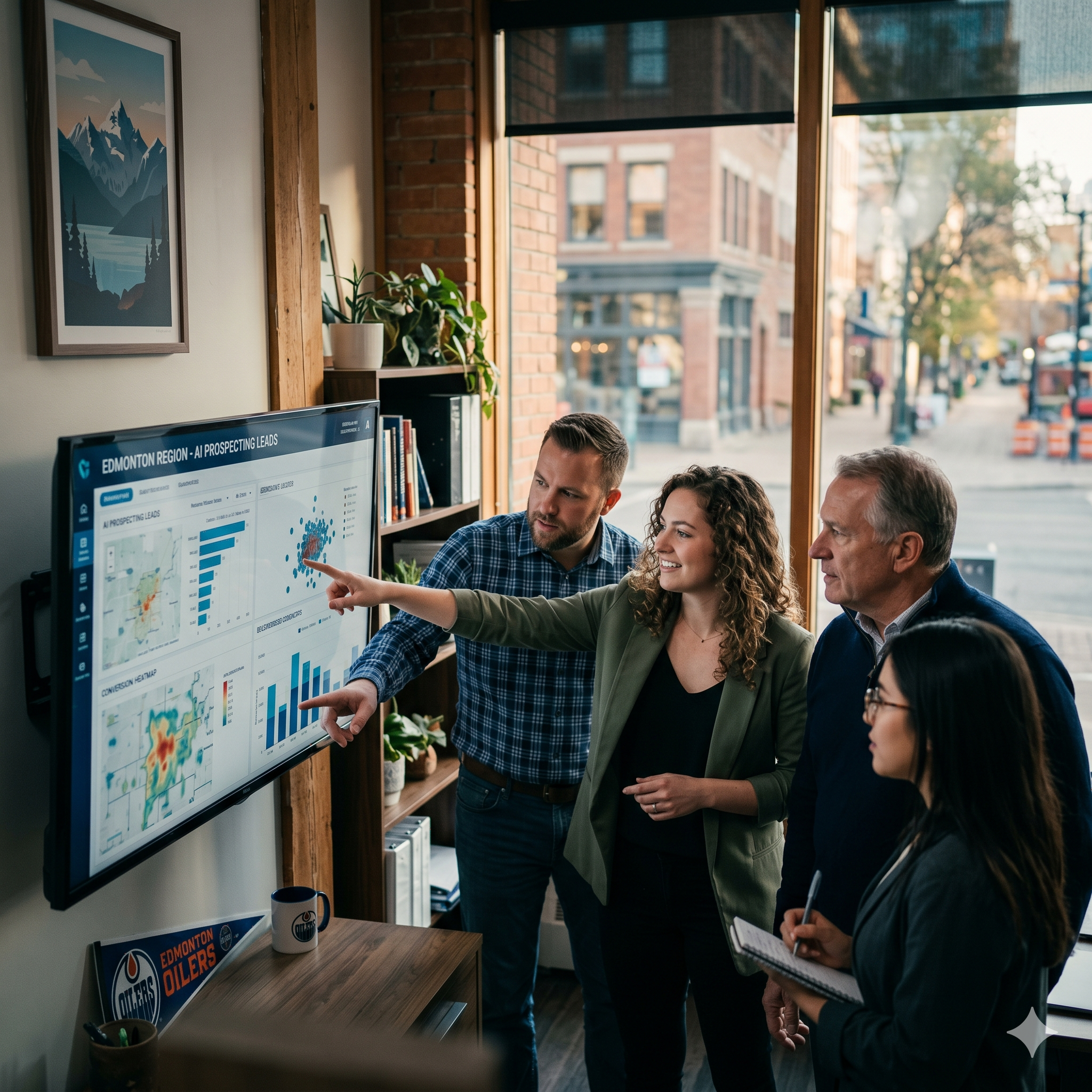 A local sales team in an Edmonton office collaborating around a large monitor displaying AI prosp... - AI Precision Marketing