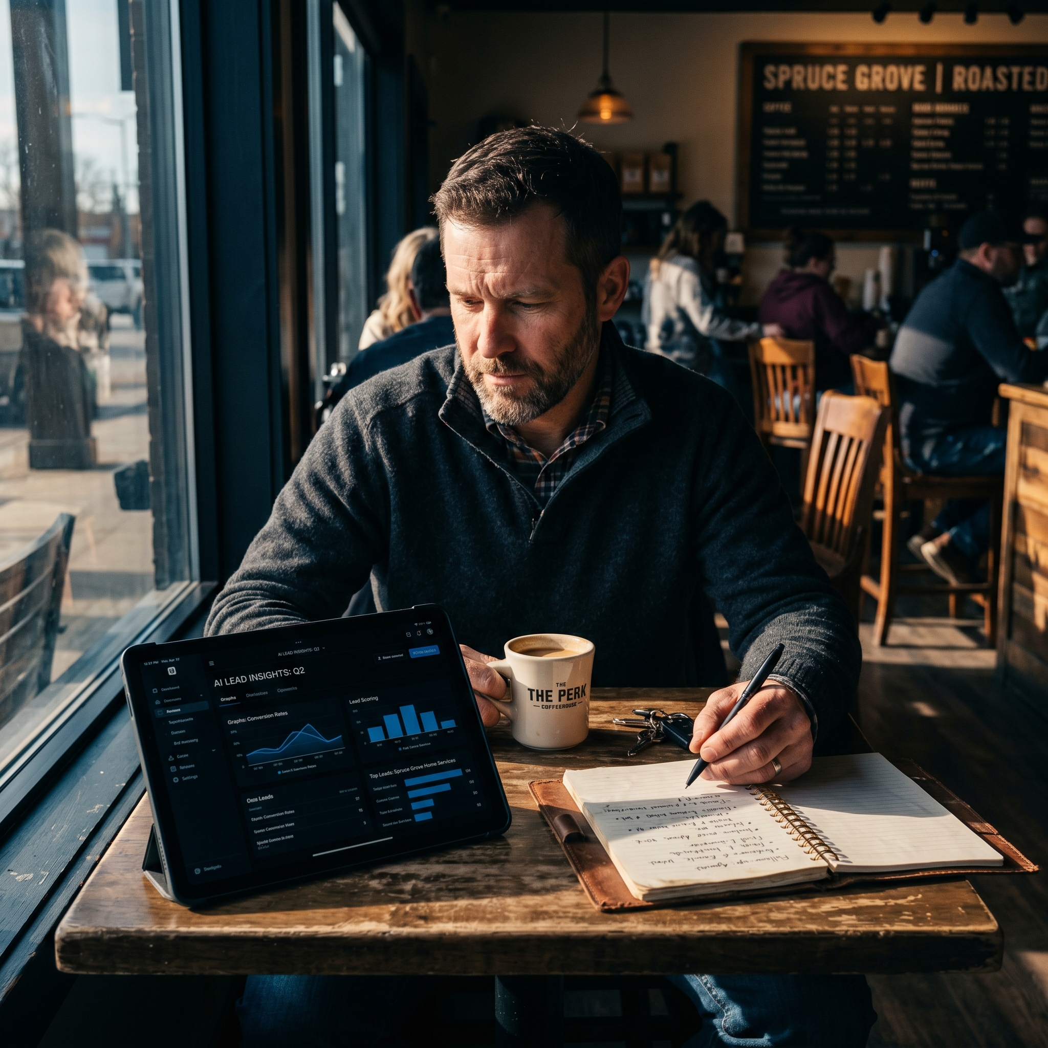 A business owner in a Spruce Grove coffee shop reviewing AI-generated lead insights on a tablet,... - AI Precision Marketing