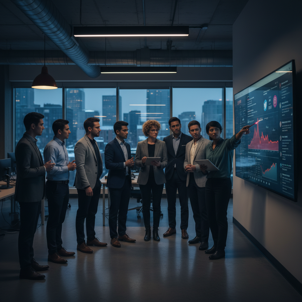 Team of professionals monitoring AI reputation management dashboard in modern Edmonton office